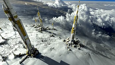 Futuristic Space Launch Towers On Snowy Mountain Peak