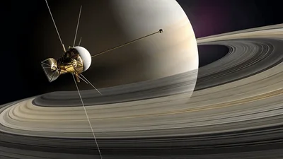 Voyager Spacecraft Orbiting Saturn With Detailed Rings