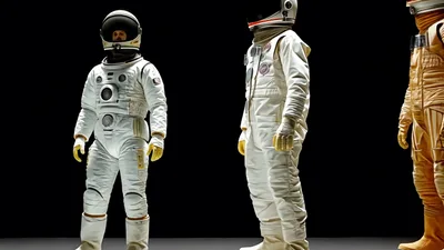 Four Astronauts Standing In A Line Against Black Background