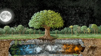 Surreal Tree With Underground Mechanical Chamber At Night