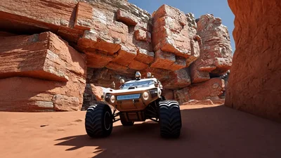 Mars Rover Driving Through A Red Rock Canyon