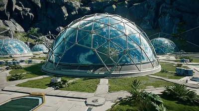 Futuristic Glass Domes With Earth Projection In Mountainous Landscape