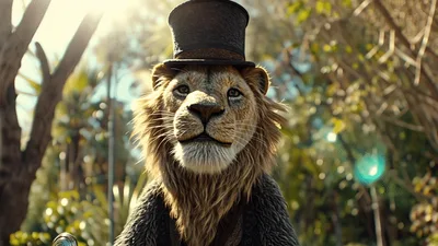 Anthropomorphic Lion Wearing Top Hat Riding Bicycle Outdoors