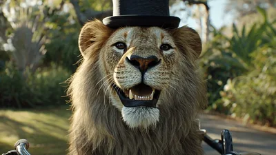 Anthropomorphic Lion Wearing Top Hat Riding Bicycle