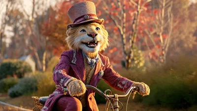 Anthropomorphic Lion Character Riding A Bicycle In Autumn
