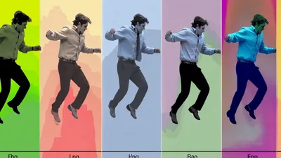 Man Dancing In Five Different Color Filtered Panels