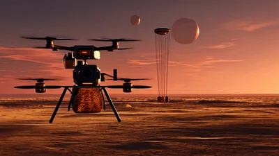 Futuristic Drone Taking Off From Alien Planet Surface