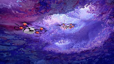 Two Drones Flying Through A Bioluminescent Underwater Cave