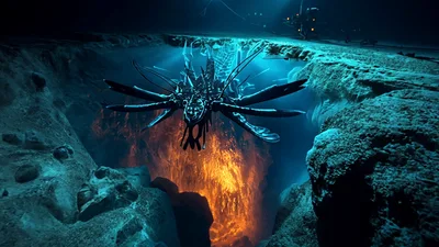 Mechanical Alien Creature Hovering Over Deep Sea Volcanic Vent