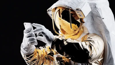 Astronaut In Gold Spacesuit Using A Smartphone