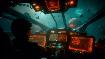 Pilot Navigating Spaceship Through Dense Asteroid Field