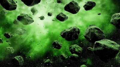 Asteroid Field Floating Through Green Nebula Space