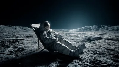 Astronaut Relaxing In A Deck Chair On The Moon