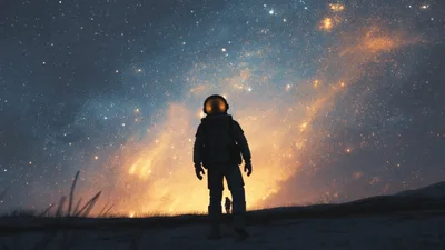Astronaut Standing Alone Under A Vibrant Starry Galaxy
