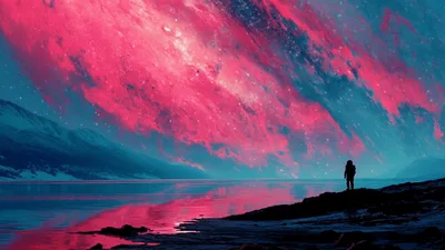 Astronaut Standing By A Still Lake Under A Nebula