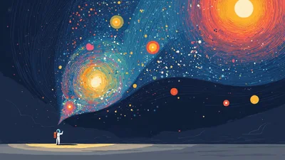 Astronaut Reaching Toward A Swirling Cosmic Galaxy Illustration