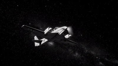 Vintage Propeller Airplane Flying Through Deep Space