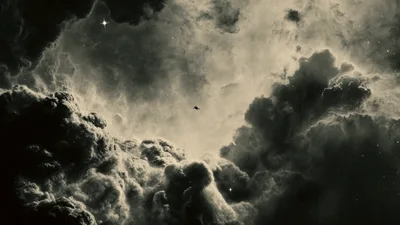 Spacecraft Flying Through Dark Nebula Clouds