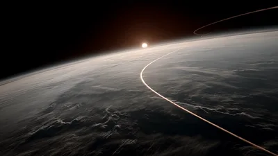 Cinematic View of Earth Orbiting Sun with Light Trails