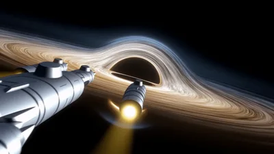 Spaceship Flying Past A Massive Rotating Black Hole