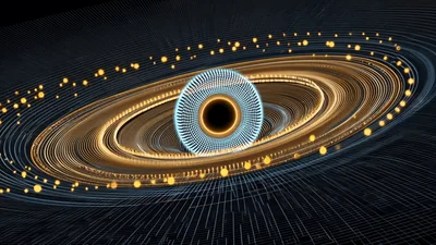 Abstract Black Hole With Glowing Rings And Grid Background