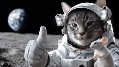 Astronaut Cat Giving Thumbs Up With Mouse On Moon