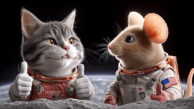 Astronaut Cat and Mouse Giving Thumbs Up on Moon