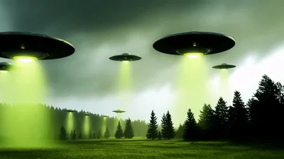 Multiple UFOs Hovering Over A Dark Forest Landscape