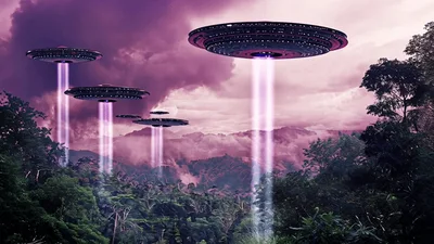 UFO Fleet Hovering Over Tropical Jungle With Light Beams
