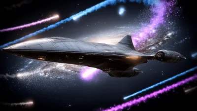 Futuristic Spaceship Flying Past A Glowing Spiral Galaxy