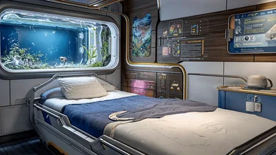 Futuristic Bedroom With Underwater View And Digital Displays