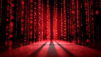 Red Binary Code Data Stream Falling On Dark Surface
