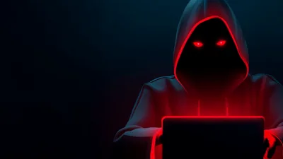 Mysterious Hacker With Glowing Red Eyes Using Laptop