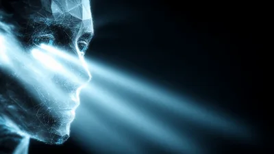 Digital Human Face With Glowing Light Beams
