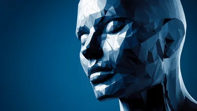 Low Poly Human Head Rotating Against Blue Background