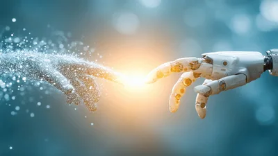 Digital And Robotic Hands Reaching Towards Each Other