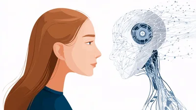 Woman Facing A Digital Artificial Intelligence Robot Head
