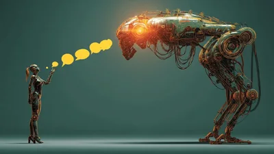 Female Android Communicating With Large Mechanical Robot