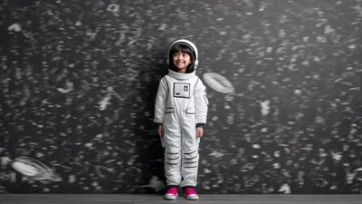 Young Child Wearing Astronaut Costume Standing Against Chalkboard