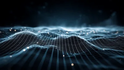 Digital Wireframe Landscape With Glowing Data Particles