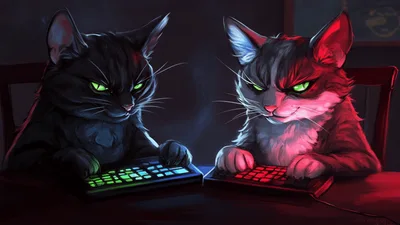 Two Cats Gaming On Keyboards In Dark Room