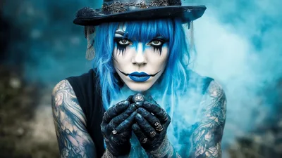 Gothic Woman With Blue Hair Blowing Magical Smoke