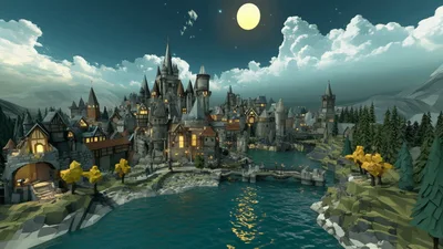 Low Poly Fantasy Medieval Town At Night