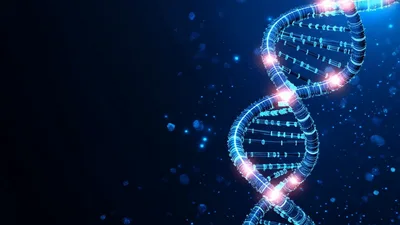 Digital DNA Helix Rotating In Abstract Cyberspace