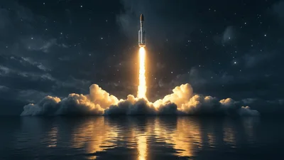 Space Rocket Launching Into Night Sky Over Ocean