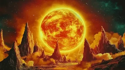Fiery Sun Rising Over Alien Rocky Landscape