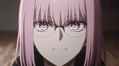 Anime Girl With Pink Hair And Glasses Looking Forward