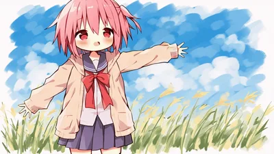 Anime Girl With Pink Hair Waving In A Field