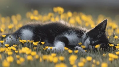 Cute Tuxedo Kitten Sleeping In A Field Of Flowers