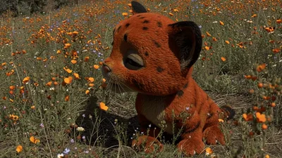 Cute Animated Baby Lynx Sitting In A Flower Field